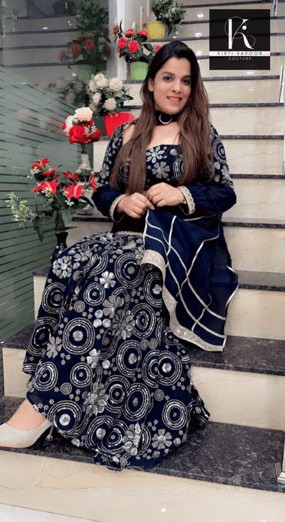Dark Blue Fish - Cut Dress in Worked Fabric - Kirti Kapoor Couture