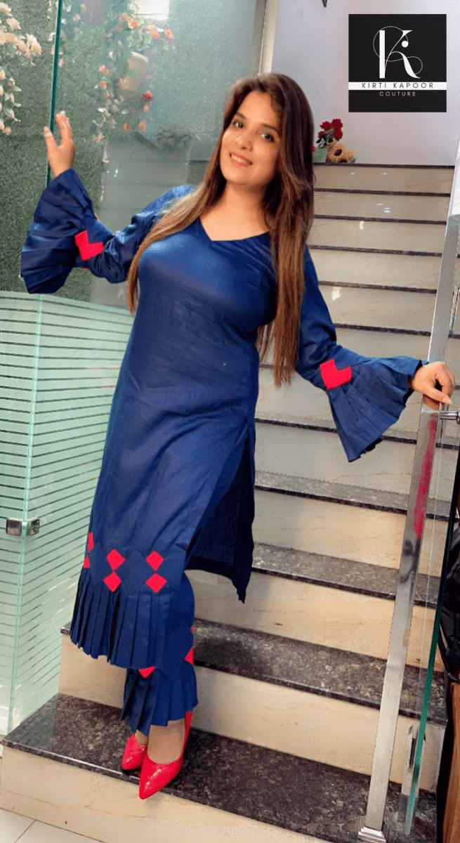 Dark Blue Kurti and Pant with Red Designing - Kirti Kapoor Couture
