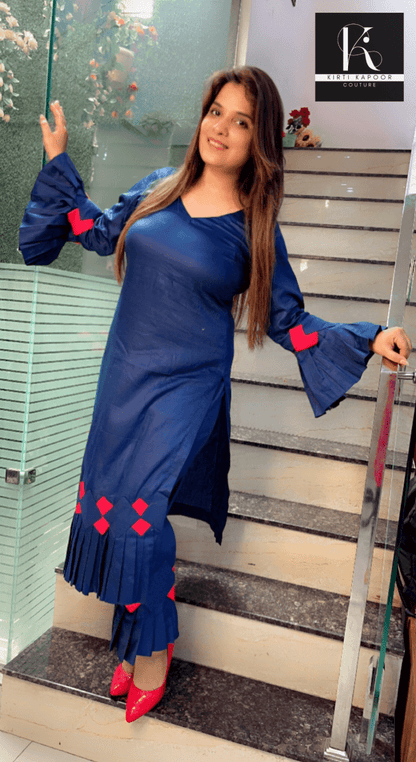 Dark Blue Kurti and Pant with Red Designing - Kirti Kapoor Couture