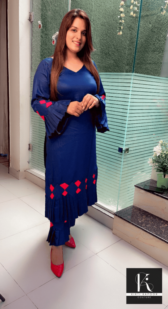 Dark Blue Kurti and Pant with Red Designing - Kirti Kapoor Couture