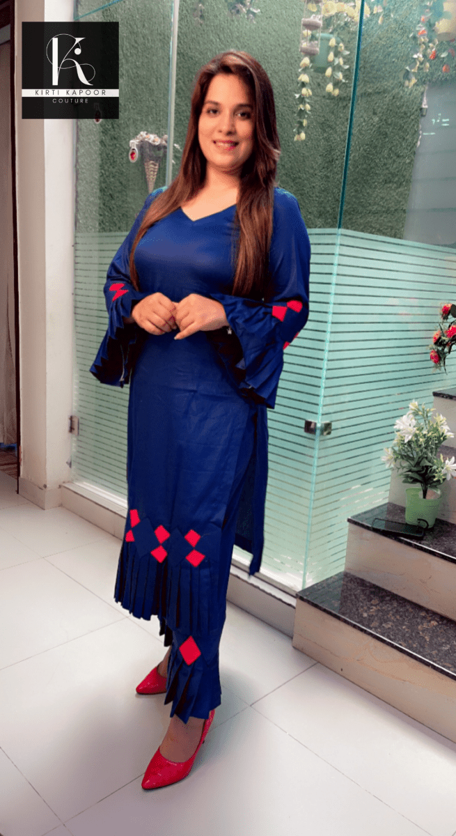 Dark Blue Kurti and Pant with Red Designing - Kirti Kapoor Couture