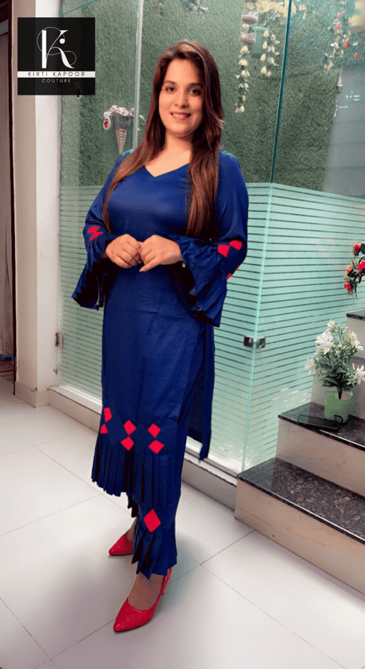 Dark Blue Kurti and Pant with Red Designing - Kirti Kapoor Couture