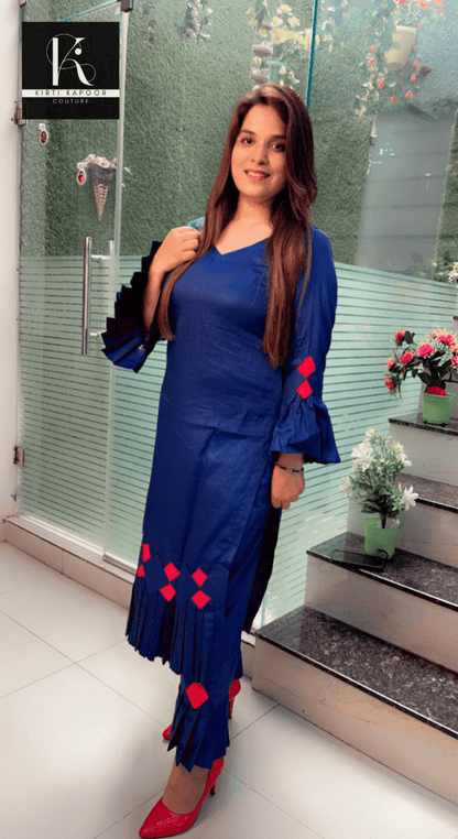 Dark Blue Kurti and Pant with Red Designing - Kirti Kapoor Couture