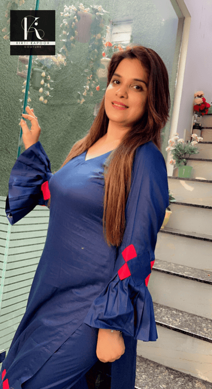 Dark Blue Kurti and Pant with Red Designing - Kirti Kapoor Couture