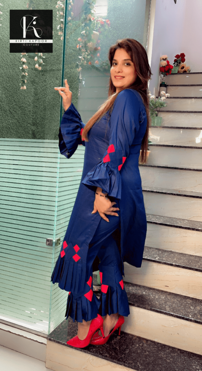 Dark Blue Kurti and Pant with Red Designing - Kirti Kapoor Couture