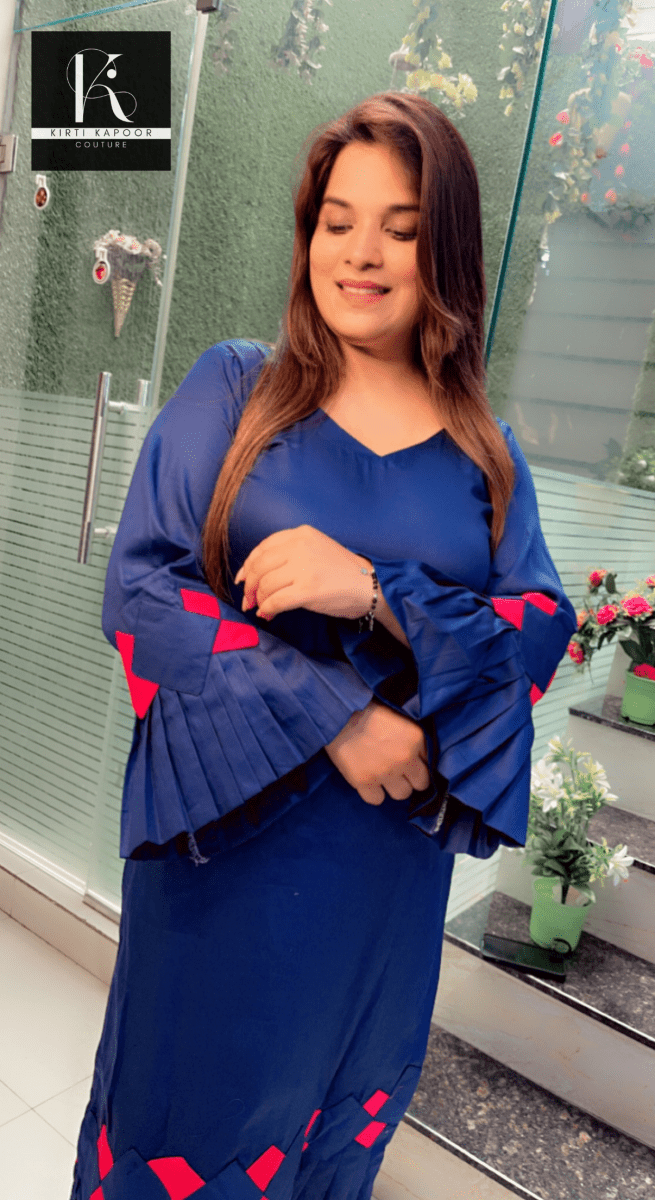 Dark Blue Kurti and Pant with Red Designing - Kirti Kapoor Couture