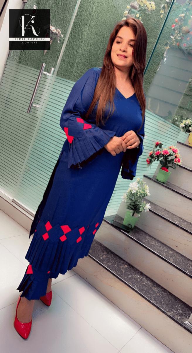 Dark Blue Kurti and Pant with Red Designing - Kirti Kapoor Couture