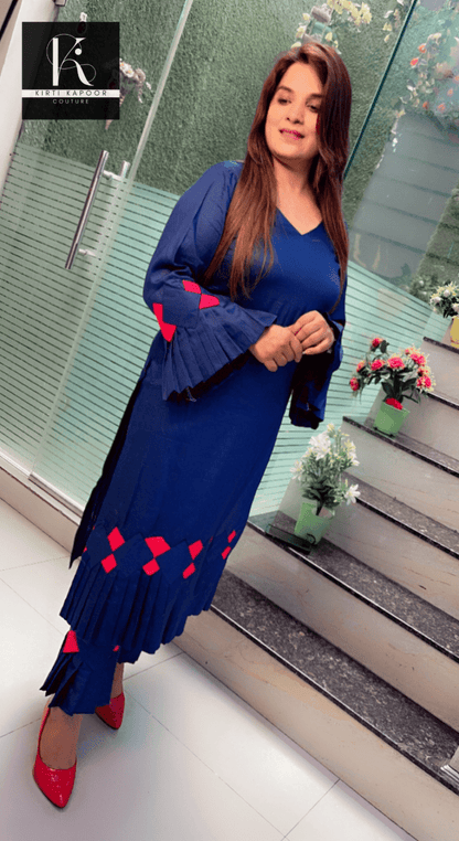 Dark Blue Kurti and Pant with Red Designing - Kirti Kapoor Couture