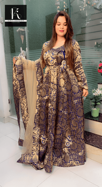 Dark Blue Worked Gown with Angrakha Neck and Patches - Kirti Kapoor Couture