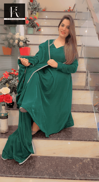 Dark Green A - line Velvet Suit - Kirti Kapoor Couture