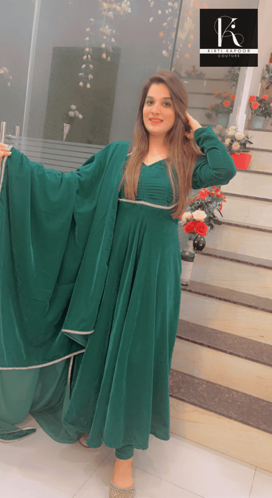 Dark Green A - line Velvet Suit - Kirti Kapoor Couture