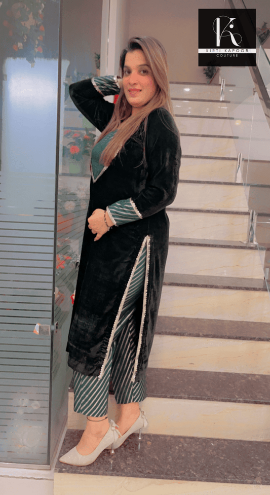 Dark Green Velvet Kurta with Brocade Pants - Kirti Kapoor Couture