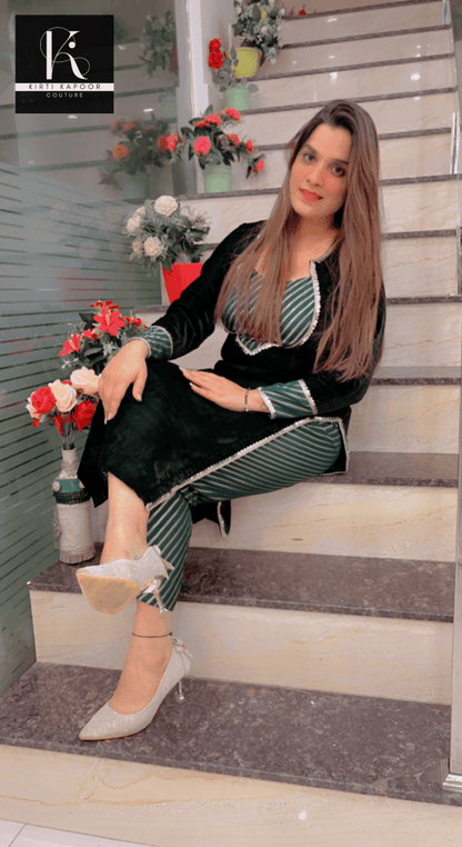 Dark Green Velvet Kurta with Brocade Pants - Kirti Kapoor Couture