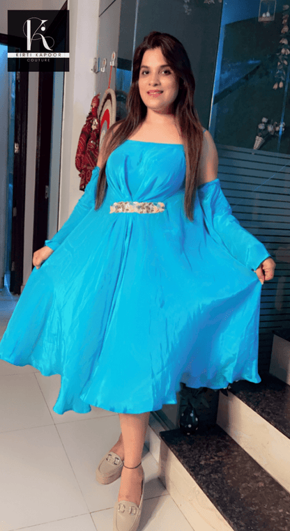 Deep Sky Blue Colored Tunic with Removable Sleeves - Kirti Kapoor Couture