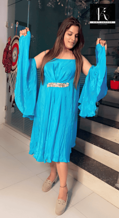 Deep Sky Blue Colored Tunic with Removable Sleeves - Kirti Kapoor Couture