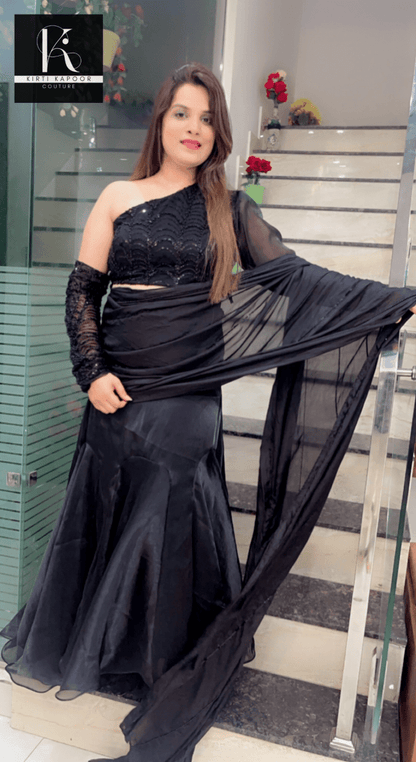 Designer Black Saree with Heavy Blouse and Drape - Kirti Kapoor Couture
