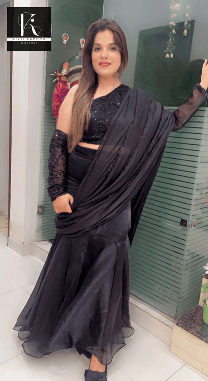 Designer Black Saree with Heavy Blouse and Drape - Kirti Kapoor Couture