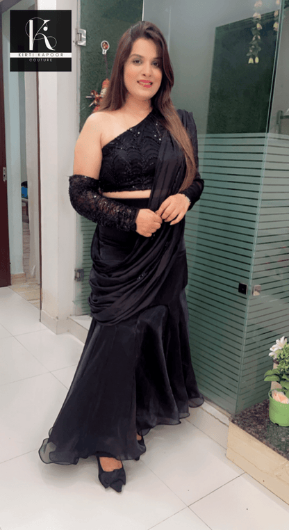 Designer Black Saree with Heavy Blouse and Drape - Kirti Kapoor Couture