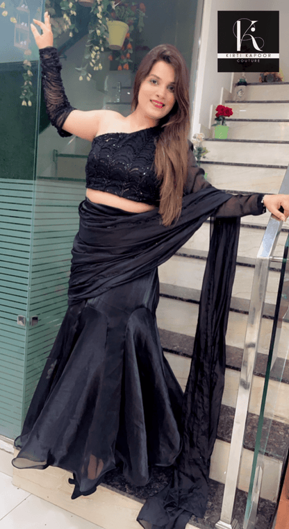 Designer Black Saree with Heavy Blouse and Drape - Kirti Kapoor Couture