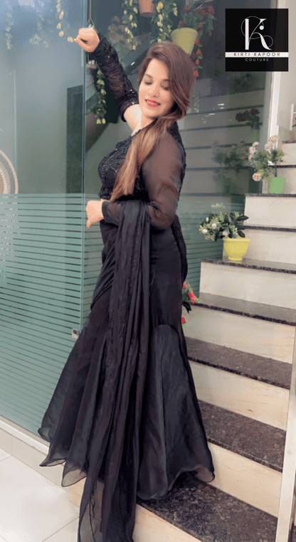 Designer Black Saree with Heavy Blouse and Drape - Kirti Kapoor Couture