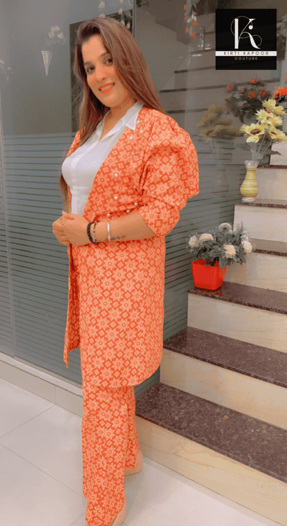 Designer Cotton Printed Orange - Brown Co - ord Set - Kirti Kapoor Couture