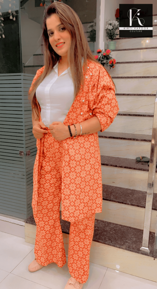 Designer Cotton Printed Orange - Brown Co - ord Set - Kirti Kapoor Couture
