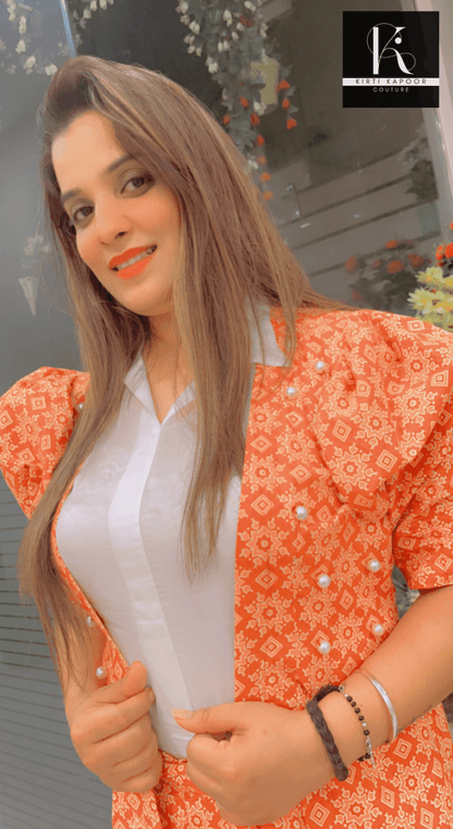 Designer Cotton Printed Orange - Brown Co - ord Set - Kirti Kapoor Couture