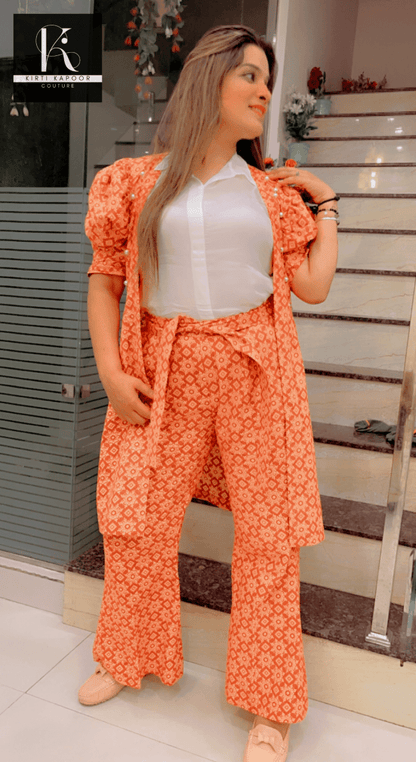 Designer Cotton Printed Orange - Brown Co - ord Set - Kirti Kapoor Couture
