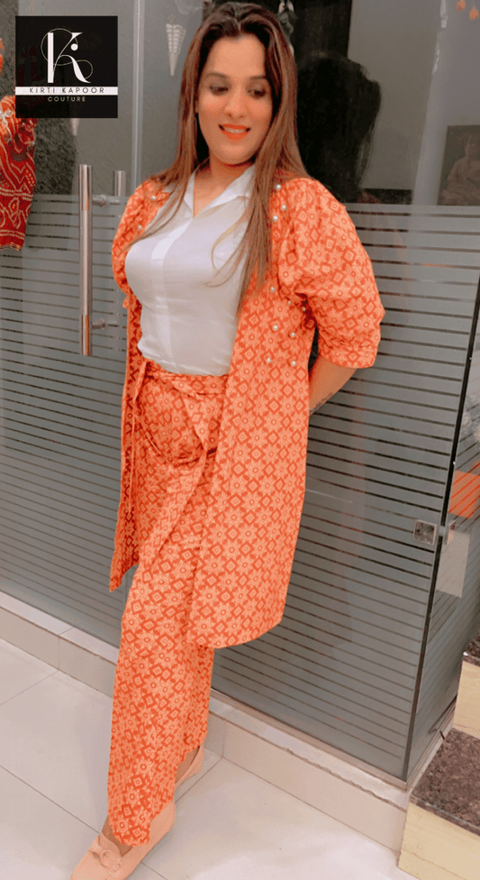 Designer Cotton Printed Orange - Brown Co - ord Set - Kirti Kapoor Couture