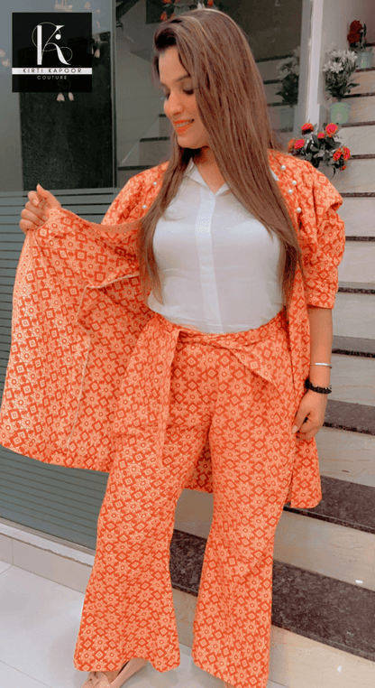 Designer Cotton Printed Orange - Brown Co - ord Set - Kirti Kapoor Couture