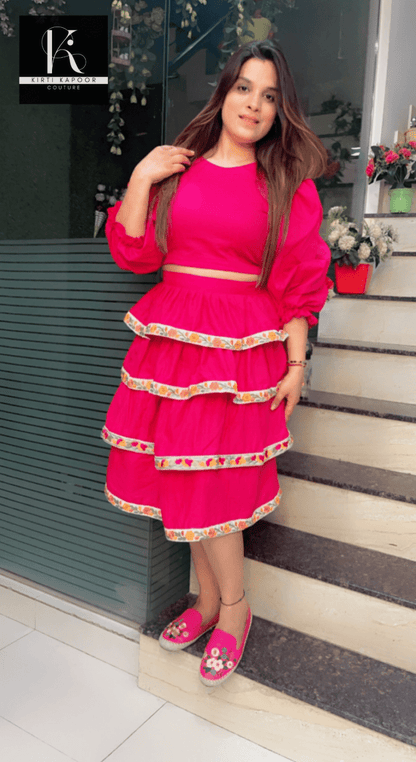 Designer Pink Crop Top with Layered Skirt - Kirti Kapoor Couture