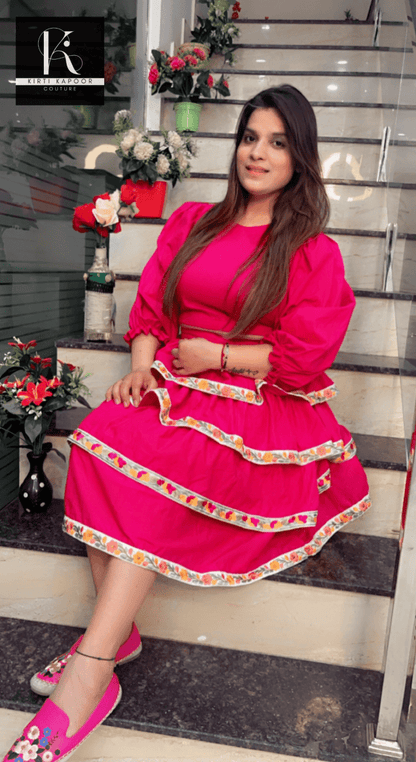 Designer Pink Crop Top with Layered Skirt - Kirti Kapoor Couture