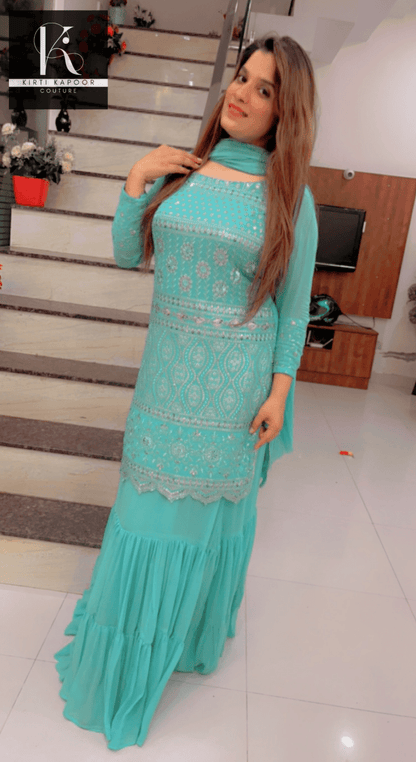 Designer Sea Green Suit With An Embroidered shirt - Kirti Kapoor Couture
