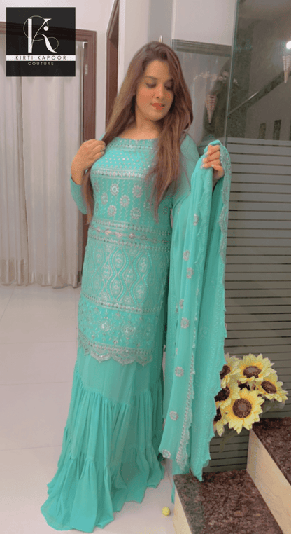 Designer Sea Green Suit With An Embroidered shirt - Kirti Kapoor Couture