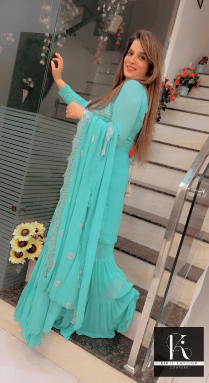 Designer Sea Green Suit With An Embroidered shirt - Kirti Kapoor Couture
