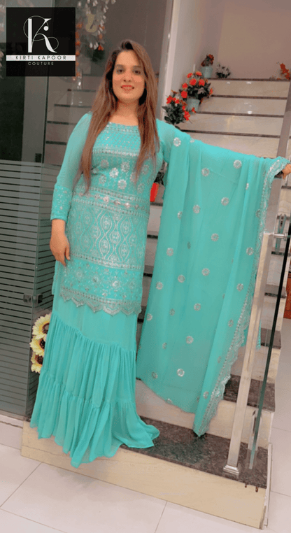 Designer Sea Green Suit With An Embroidered shirt - Kirti Kapoor Couture
