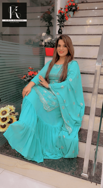 Designer Sea Green Suit With An Embroidered shirt - Kirti Kapoor Couture