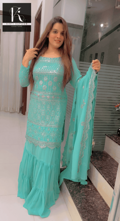 Designer Sea Green Suit With An Embroidered shirt - Kirti Kapoor Couture