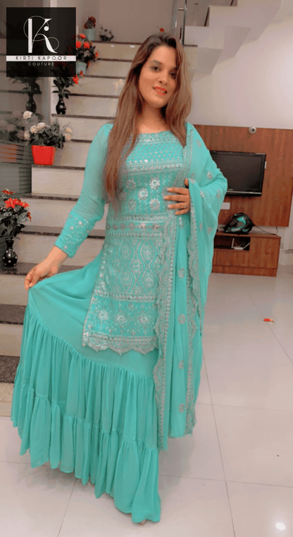 Designer Sea Green Suit With An Embroidered shirt - Kirti Kapoor Couture