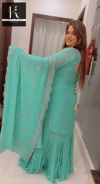 Designer Sea Green Suit With An Embroidered shirt - Kirti Kapoor Couture