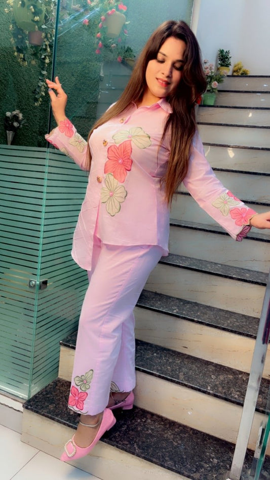Designer Shirt Style Co - ord Set with Embroidered Patching & Pintex - Kirti Kapoor Couture