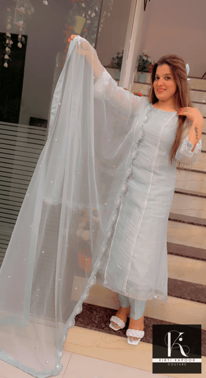Designer Sky Blue Suit With Pearl Lace - Kirti Kapoor Couture