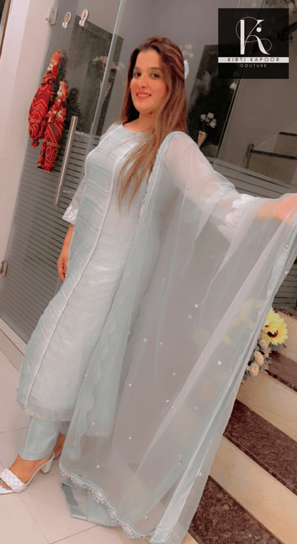 Designer Sky Blue Suit With Pearl Lace - Kirti Kapoor Couture