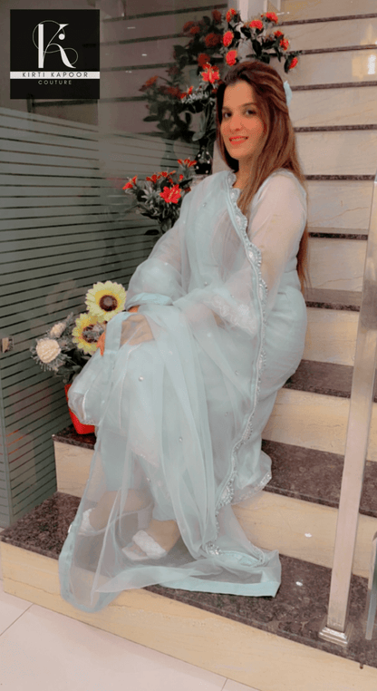 Designer Sky Blue Suit With Pearl Lace - Kirti Kapoor Couture
