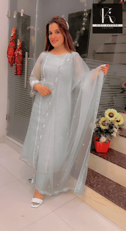 Designer Sky Blue Suit With Pearl Lace - Kirti Kapoor Couture