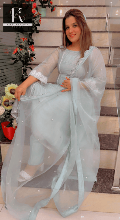 Designer Sky Blue Suit With Pearl Lace - Kirti Kapoor Couture