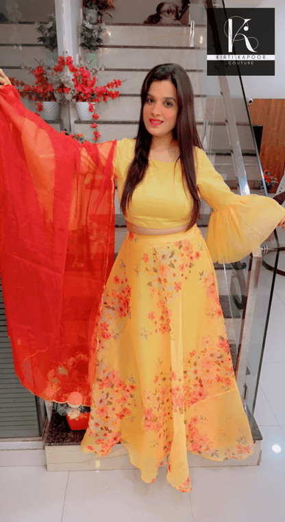 Designer Yellow Dress With Red Dupatta - Kirti Kapoor Couture