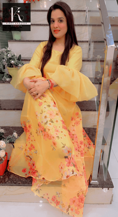 Designer Yellow Dress With Red Dupatta - Kirti Kapoor Couture
