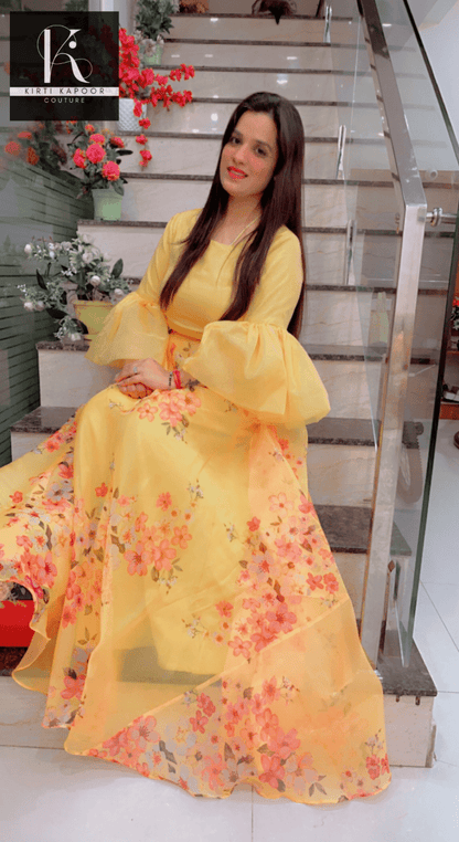 Designer Yellow Dress With Red Dupatta - Kirti Kapoor Couture