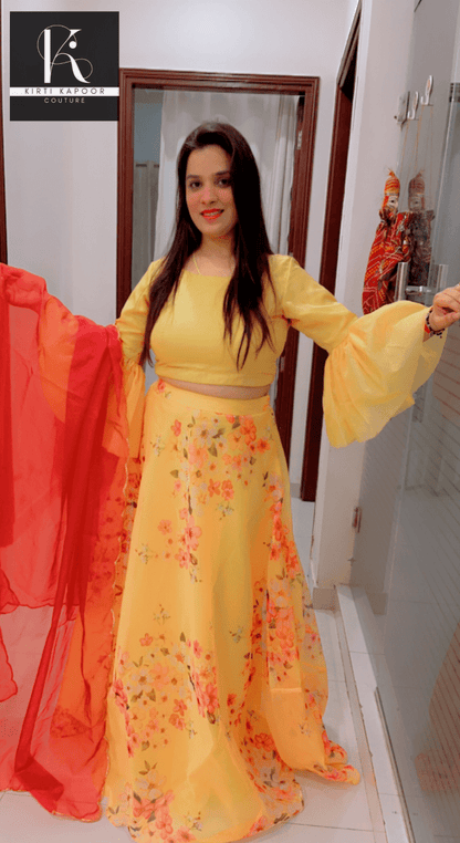 Designer Yellow Dress With Red Dupatta - Kirti Kapoor Couture